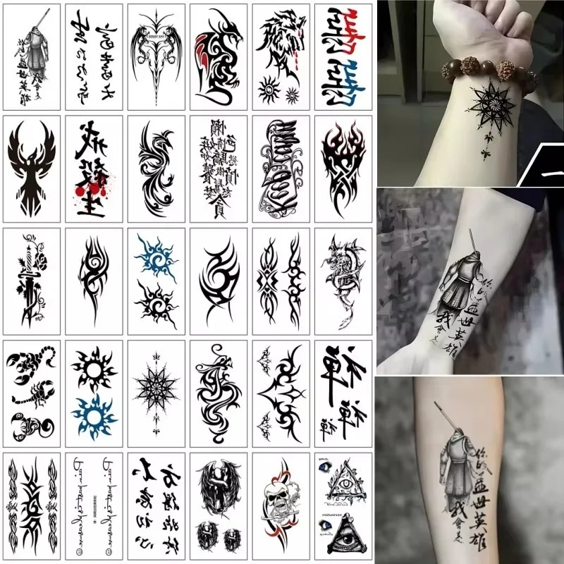 30pcs/set Adult Totem Temporary Fake Tattoos for Men Breasts Leg Body Sword Dragon Skull Eye Chinese Character Tatoos Adhesive