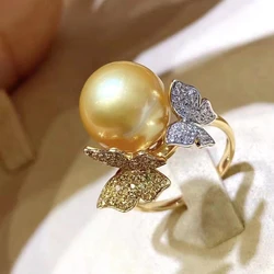 MJ Pearls Ring Fine Jewelry 925 Sterling Silver Round 10-11mm Nature Sea Water Golden Pearls Rings for Women Presents