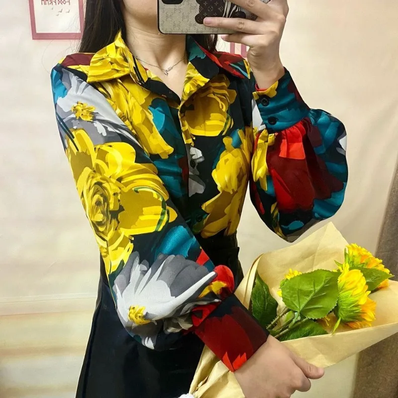 New Women\'s Vintage Floral Print Turn Down Collar Shirt Office Lady Elegant Commute Blouse Lantern Long Sleeve Loose Tops Blusas