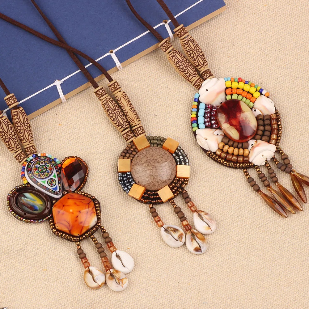 Exotic Vintage Handmade Bohemian Geometric Pendant Ethnic Tribal Jewelry Leather Necklace