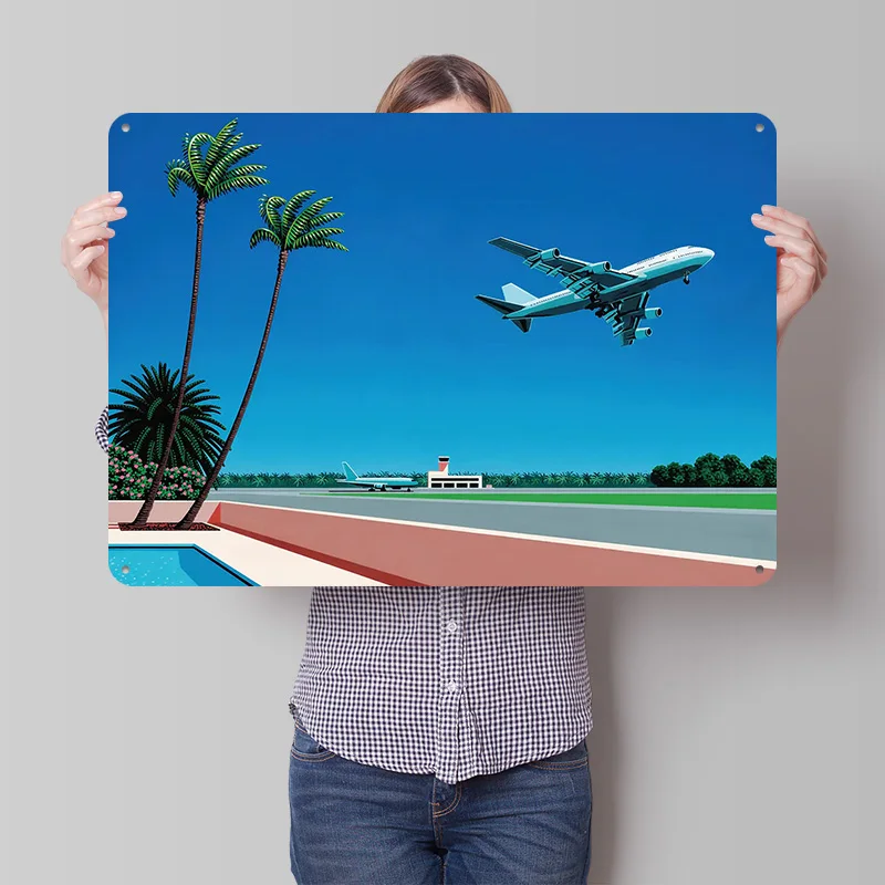 Hiroshi Nagai Airplane Landing Palm Trees Personalized 3D Textured Metal Poster Wall Art Tinplate Sign for Room Decor Wand Deko