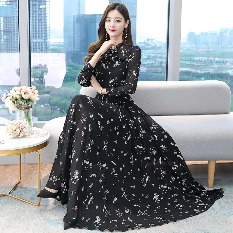 Elegante Vestido Largo de Gasa con Estampado Floral Negro para Mujer, Estilo Francés, Cintura Alta con Fruncido, Nuevo Estilo de Primavera y Otoño
