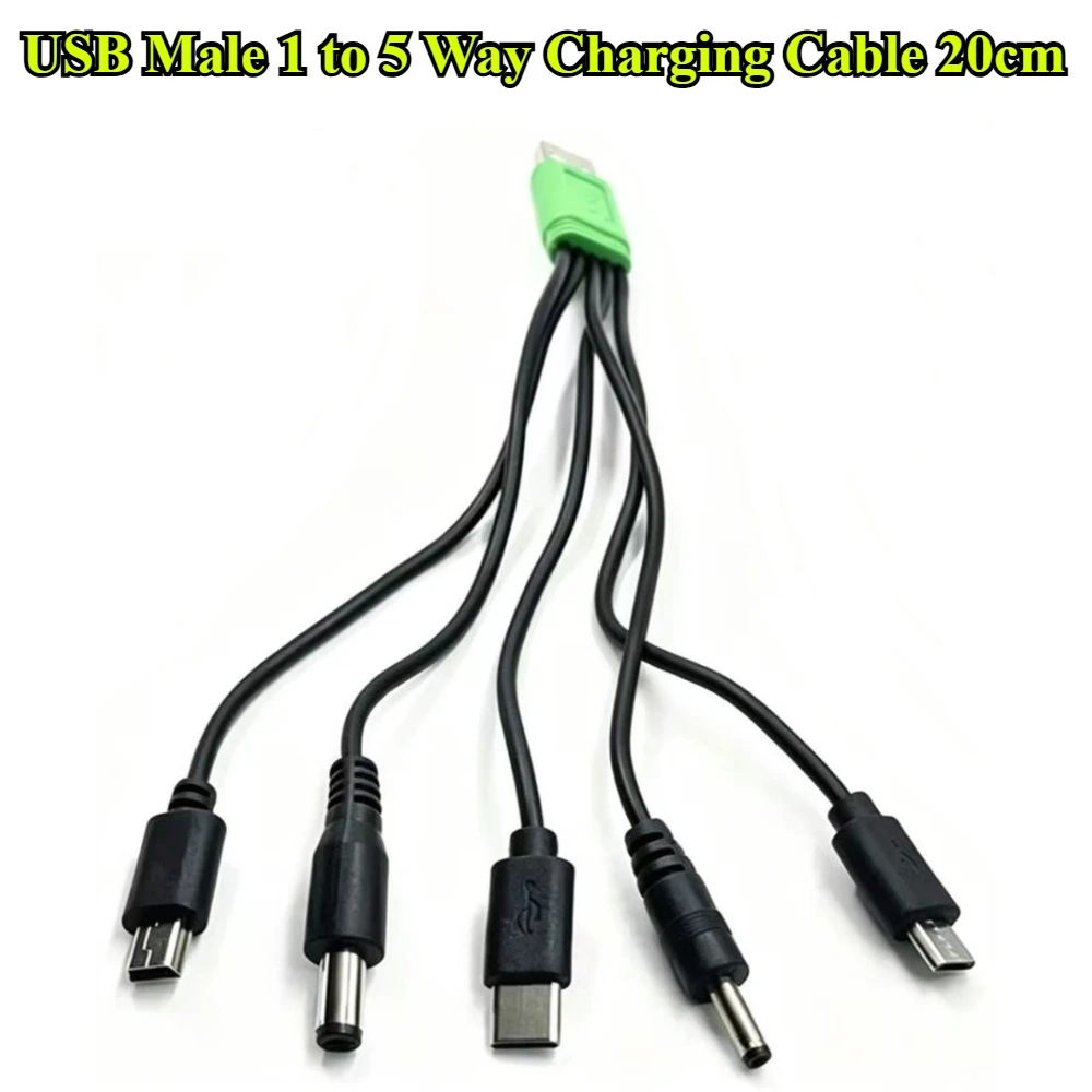 5/10/30Pcs/lot USB Male To 5 Way DC5.5*2.1mm DC3.5*1.35mm V3 V8 Type-C Male Power Charging Cable Connector Wire 20CM