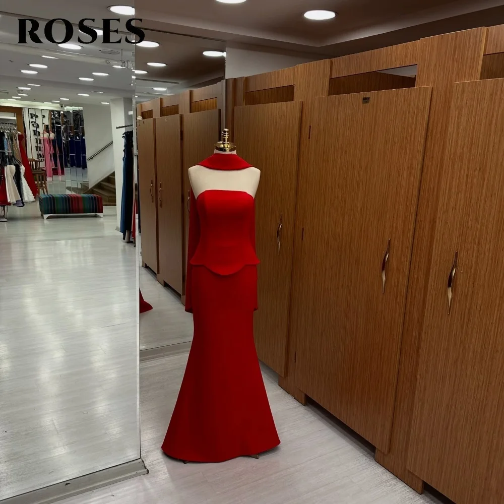

ROSES Red Satin Party Gown Strapless Prom Dress Scarf Pleats Trumpet Sleeveless Wedding Evening Dress robes de soirée Customized