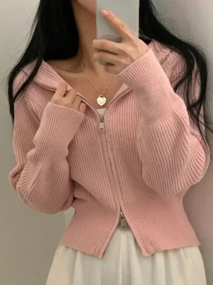 Korean Solid Hooded Crop Cardigan Women Long Sleeve Sueter Mujer Fashion Casual Knitting Double Zippers Sweater Coat Pull Femm