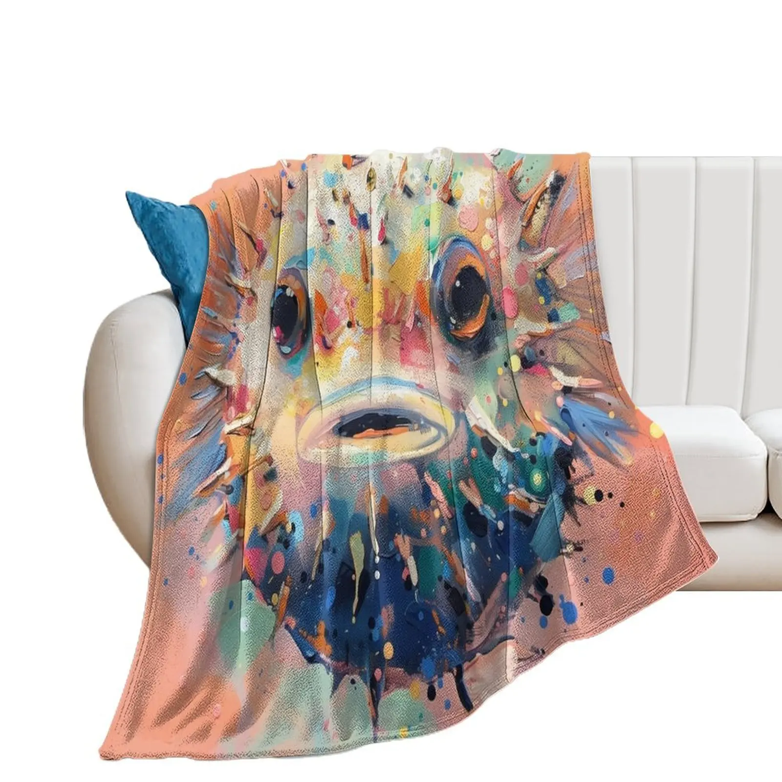 Pufferfish in Bright Modern Colors Throw Blanket Retros Sofa Throw Blankets