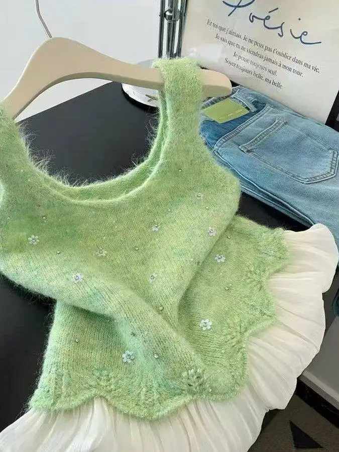 Sweet Knitted Short Sleeveless Soft Vest Top in Green Gradient  Color for Women Casual Comfortable Breathable Knitted Sw...