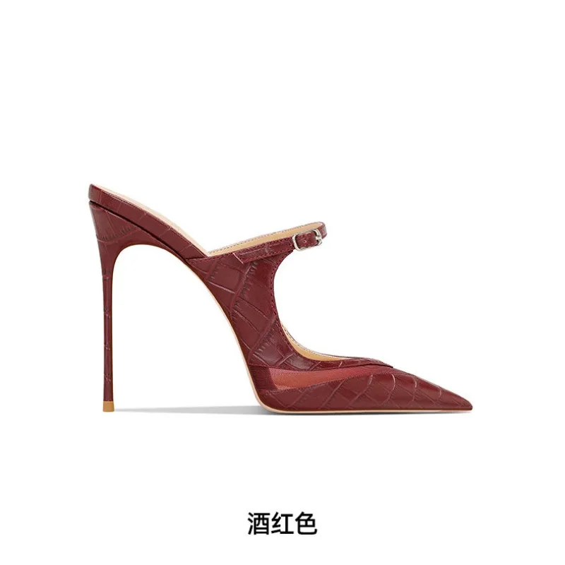 2026 spring/summer new leather pointed toe temperament slim heel with empty back buckle belt commuting shallow high heels