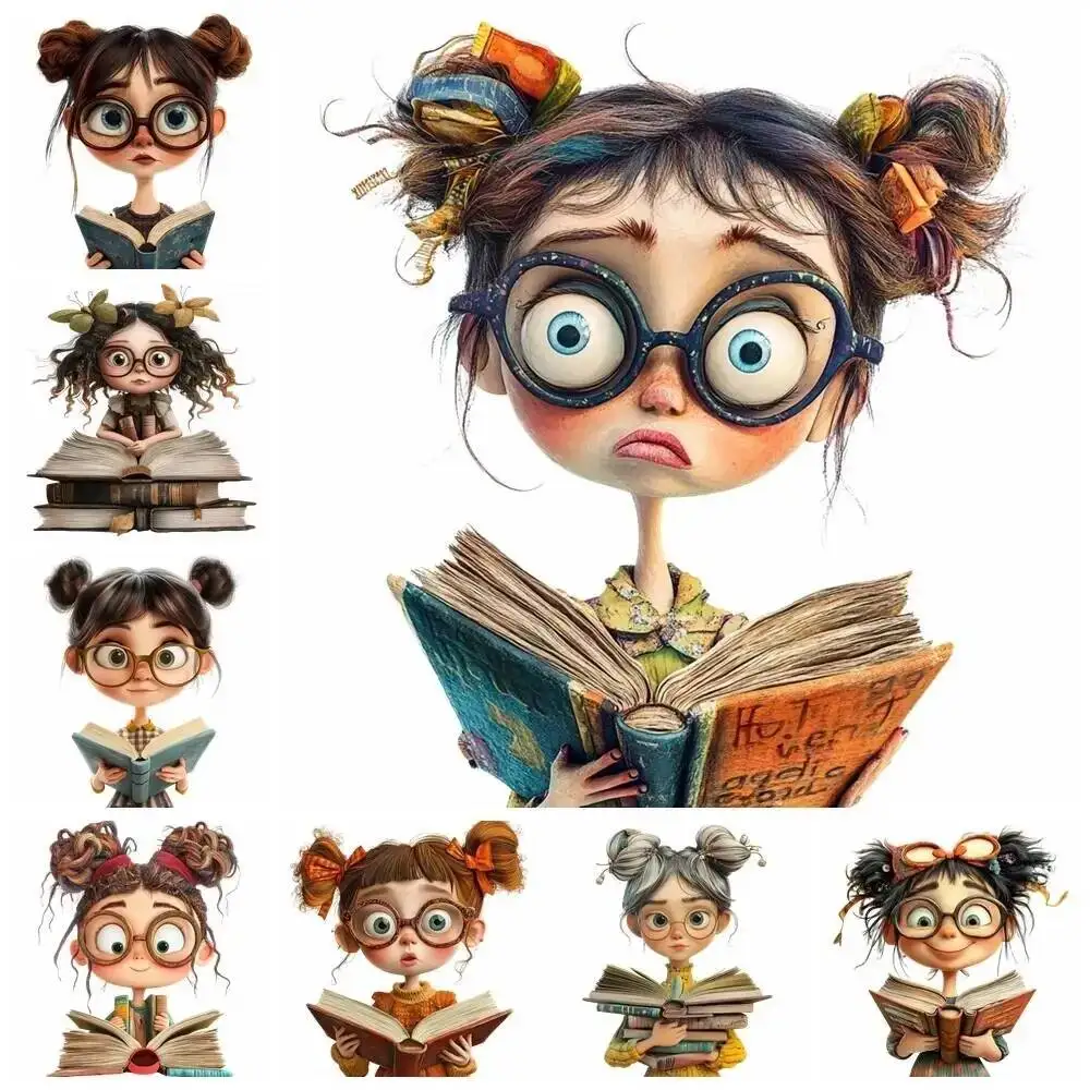 Cartoon Reading Book Quirky Girl Heat Transfer Patches For Clothing DIY A-Level Washable T-shirts Iron-on Thermal Stickers