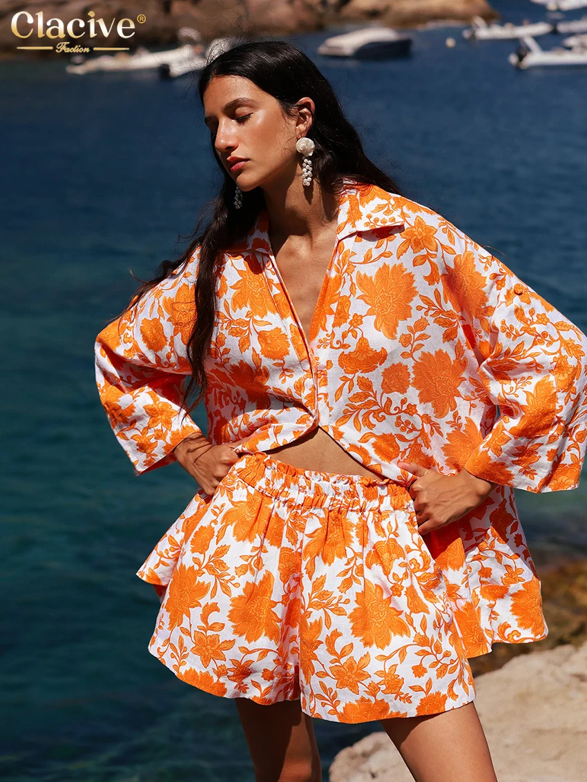 Clacive Fashion Loose Print 2 Piece Sets Women Outfit Elegant Long Sleeve Shirt With High Waist Shorts Set Female Streetwear