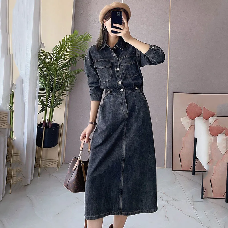 

2023 Women Autumn Vintage Long Sleeve Jeans Dress New Female Turn Down Collar Casual Dresses Ladies Bomber Long Denim Vestidos