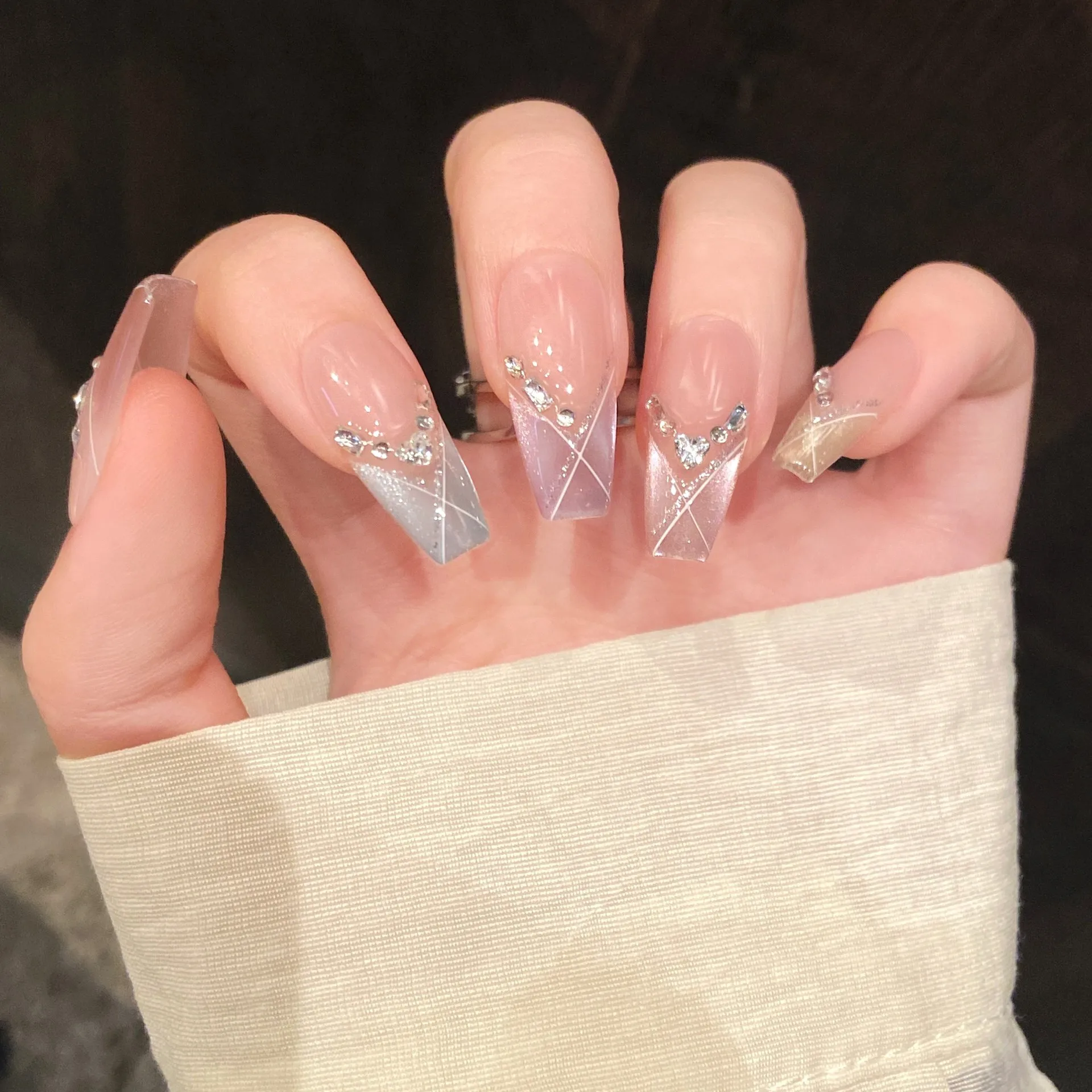 10pcs Handmade Press On Nails Spring Summer Dopamine Rainbow Color French False Nails Sweet Cat's Eye Rhinestone Decor Fake Nail