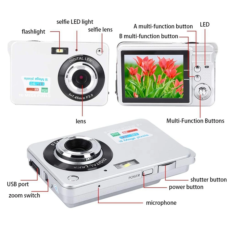 18MP HD Digital Camera With 2.7 Inch LCD Screen, Rechargeable Battery, HD Photo Video For Indoor, Outdoor Photography