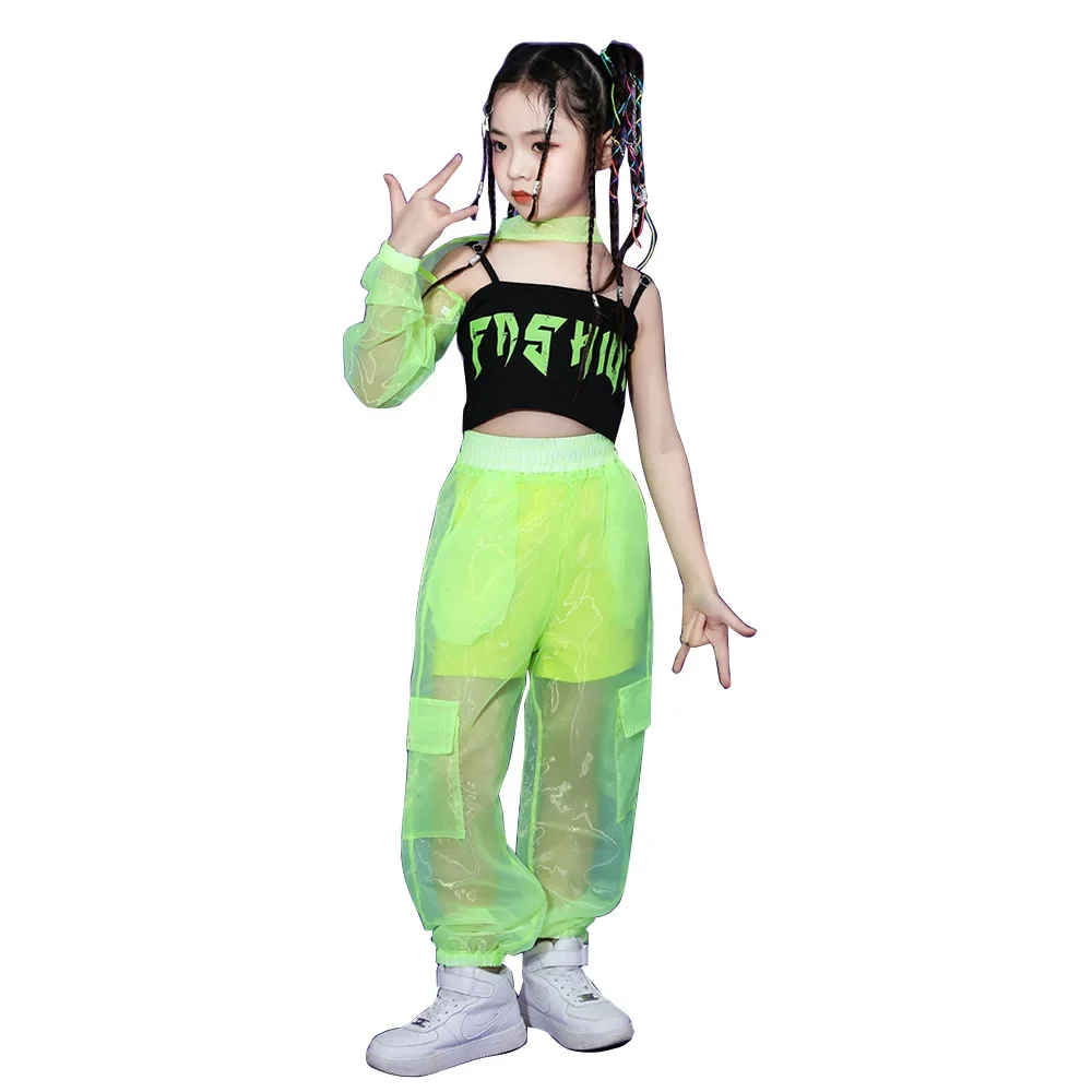 Kids Model Sets Girls Mesh Sleeve Pants Vest Children Teen Jazz Hip Hop Dance Costumes Streetwear Fashion Clothing Tracksuit