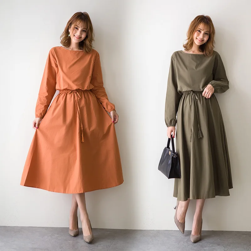 

Artistic Large Skirt Dress Cotton Linen Loose Fit Waist Adjustable Spring Autumn Midi Dress for plus Size Women Cleanfit Style