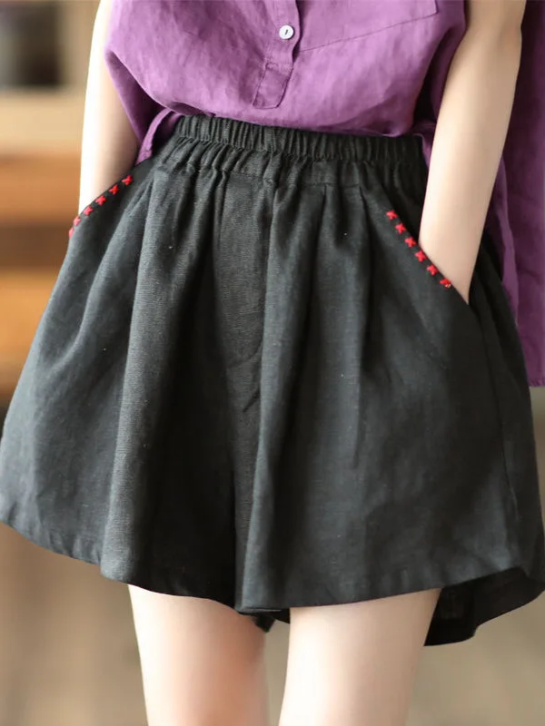 

Summer Cotton Linen Short Pants Women's Loose Color Embroidery Simple Casual Pants Retro Elastic Waist Slim Wide Leg Pants