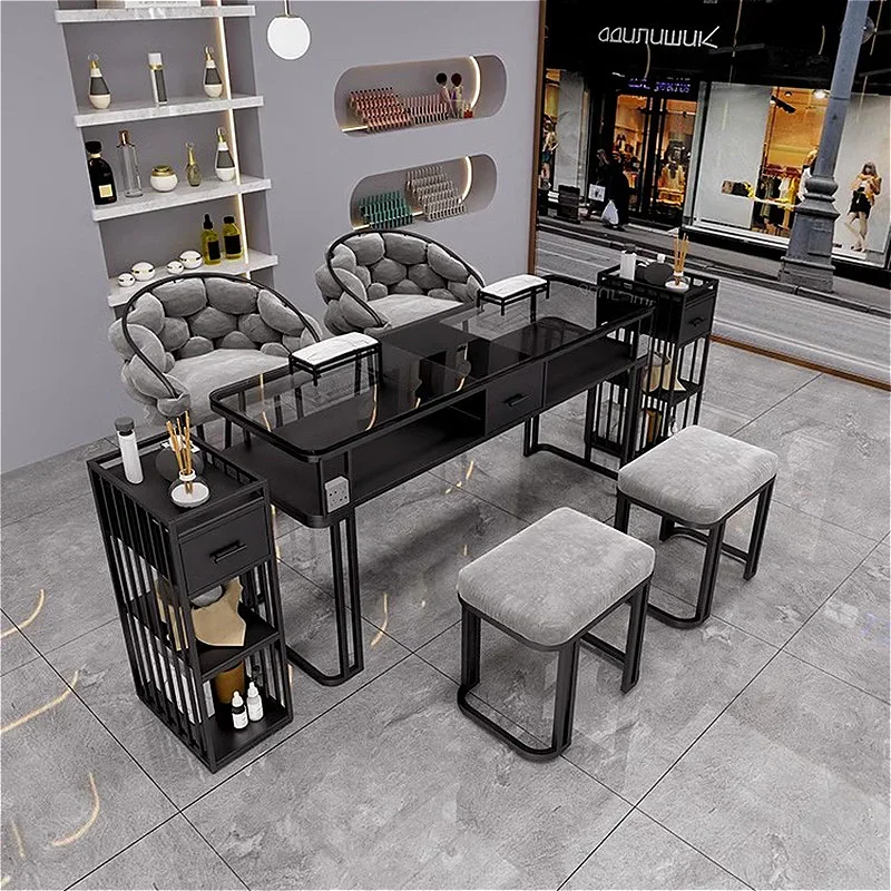 

Black Minimalist Manicure Table Nordic Glass Tabletop Stylish Nail Tables Professional Aesthetictable Furniture Mesa Unhas FYMT