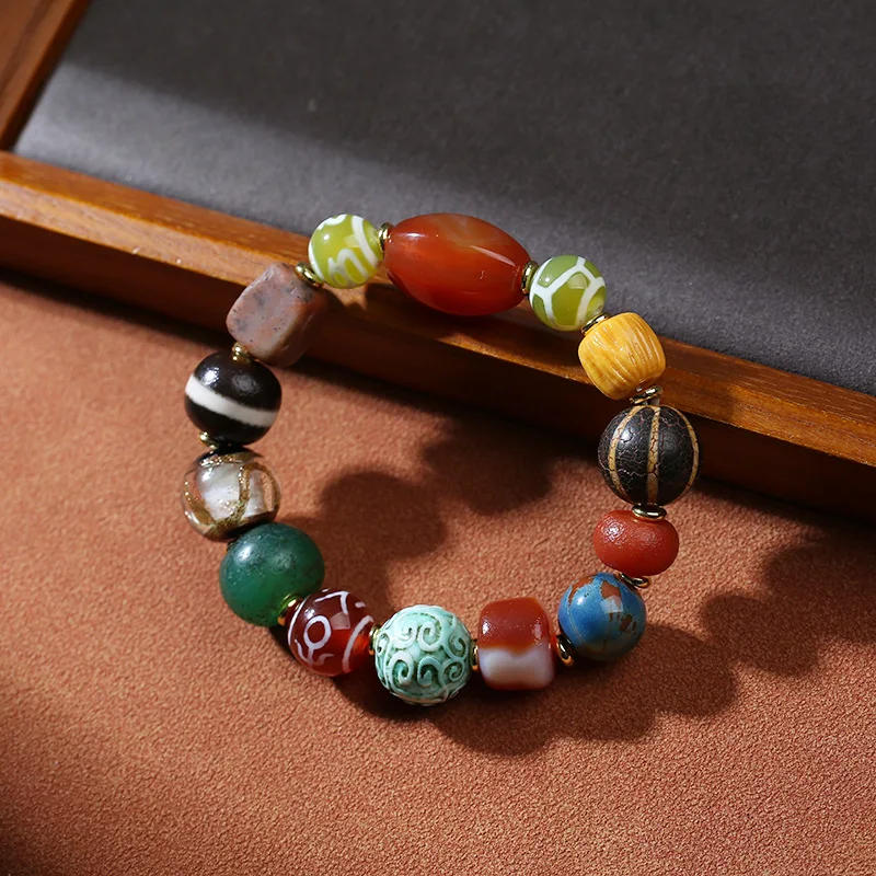 New- multi-bead , hand-held agate paired with Dzi Tibetan-style bracelet