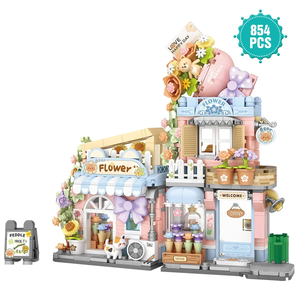 Creative Cute Cat Florist Street Scene Building Kit, Openable Flower Shop Building Set for Boys Girls Age 8+,854pcs Mini Bricks