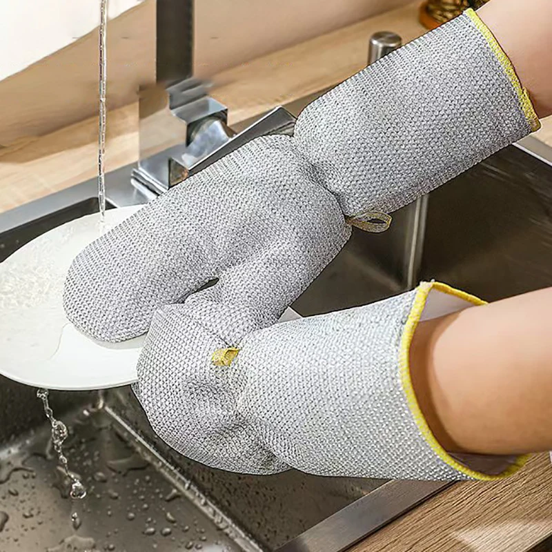 Guanti per lavare i piatti allungati Filo d'argento antiaderente Strumento per la pulizia dei lavori domestici Guanti da cucina in filo d'acciaio impermeabili a prova di olio