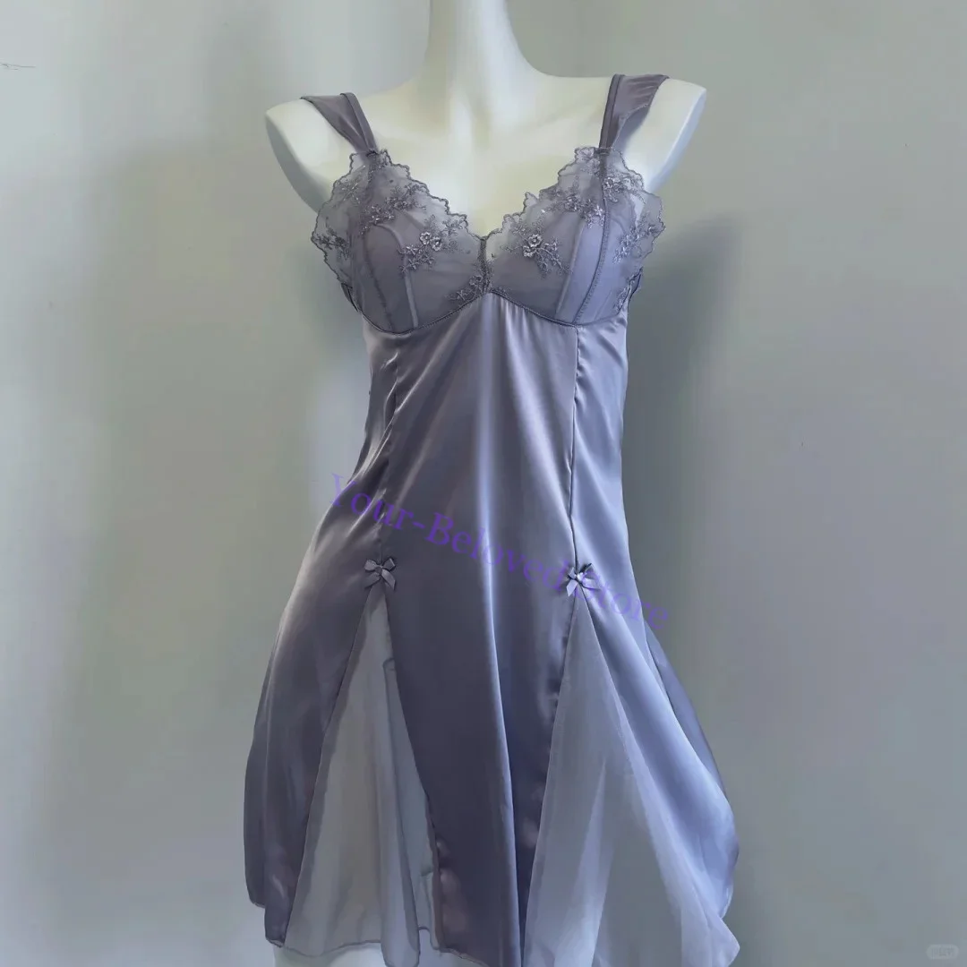 Purple Nightdress Lady Sexy Lace Flower Lingerie Chemise Sleepwear Women Satin Homedress Mini Nightwear Ruffle Spaghetti Strap