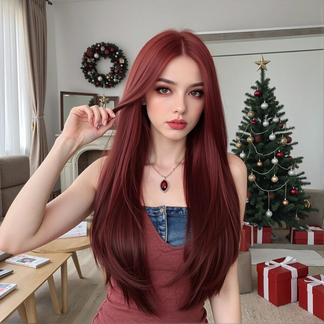 عيد الميلاد طويل مستقيم الباروكات بورجوندي النبيذ الأحمر شعر مستعار اصطناعي جزء متوسط الطبقات الشعر للنساء تأثيري هالوين مقاومة للحرارة