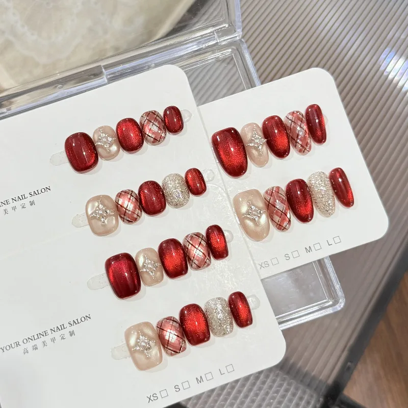 10pcs Handmade French Nail Stickers Red Cat-Eye Sweet Plaid Design Perfect for Daily Wear The Ideal Gift for Friends