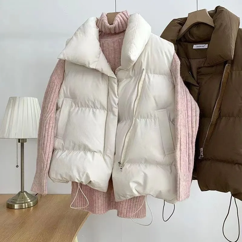 2025 moda feminina outono nova gola elegante para baixo casacos quentes outerwear casual cinto sem mangas inverno feminino coletes jaquetas