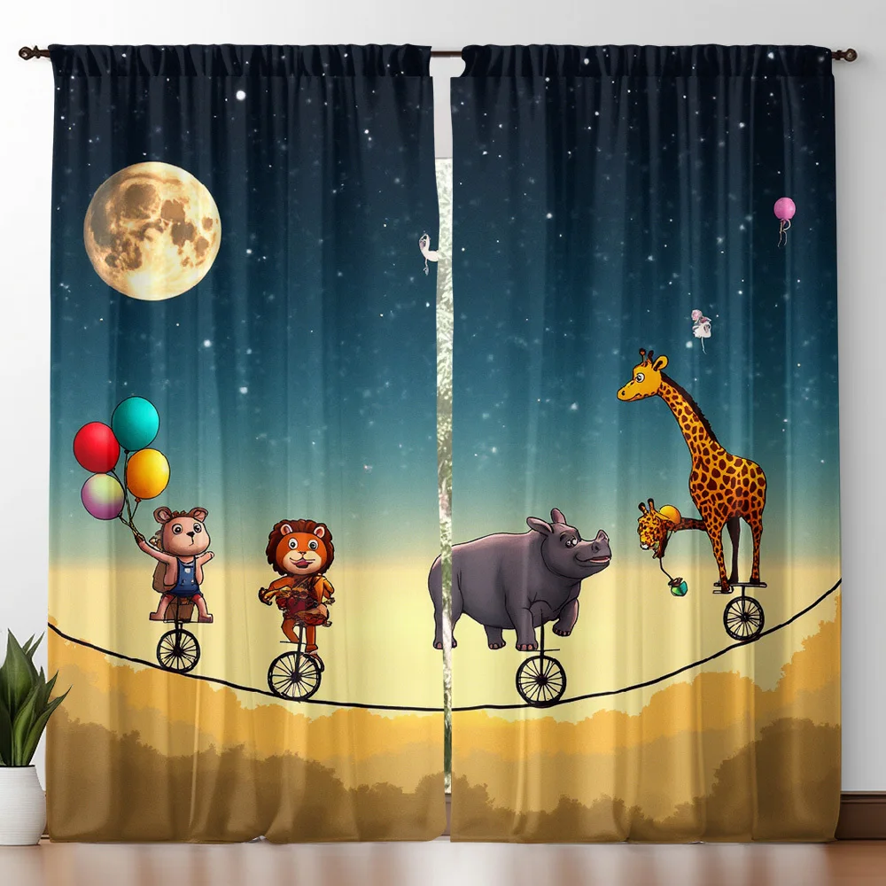 Night Moon Cartoon Circus Beast Curtain Panels, Star Sky Tightrope Unicycle Animal Full Print Drapes For Kindergarten Apartment