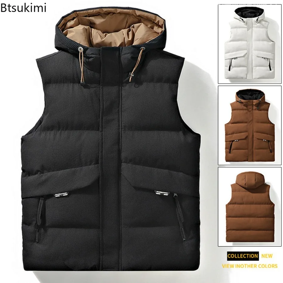 2025 Autumn Winter Men's Thicken Cotton Waistcoat Sleeveless Vests Jackets Warm Comfortable Outerwear Male Zipper Hooded Coats