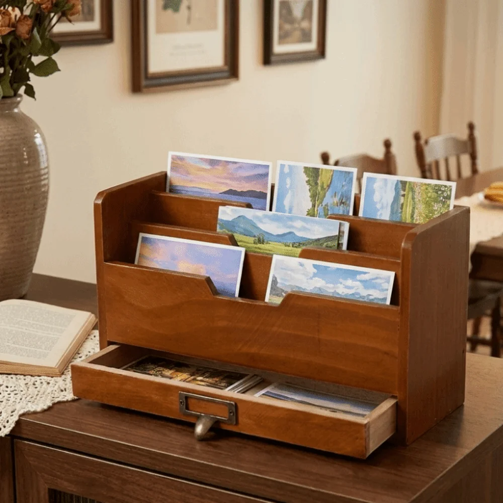 Wooden File Sorting Box Rustic Multi-layer Grocery Organizer Large Capacity Space Saving Desktop Drawer Storage Box Office Use