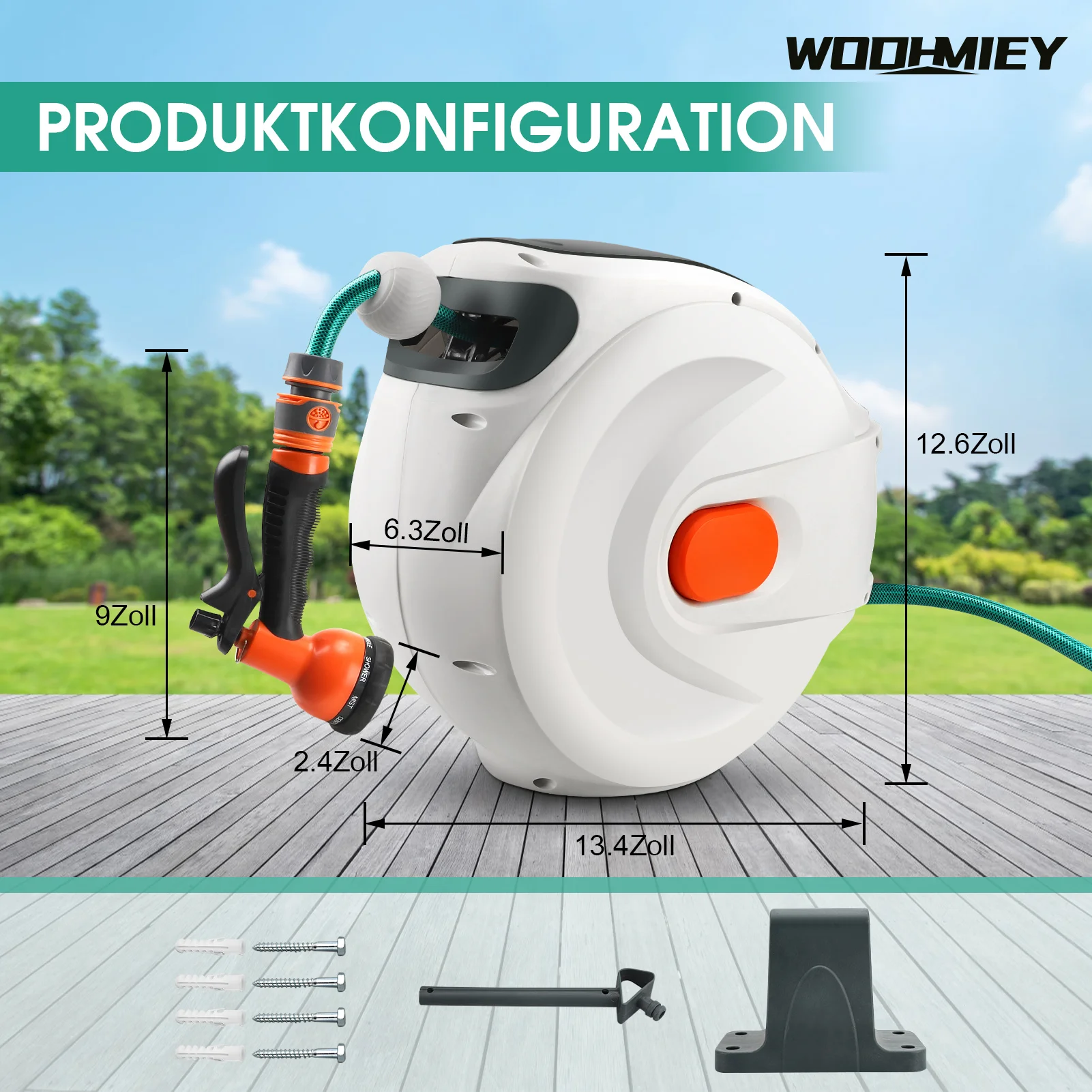 Retractable Hose Reel Self Rewind Heavy Duty Water Hose Reel 65.6FT 24 Bar Load Pressure with 8 Patterns Nozzle for Pet Bathing