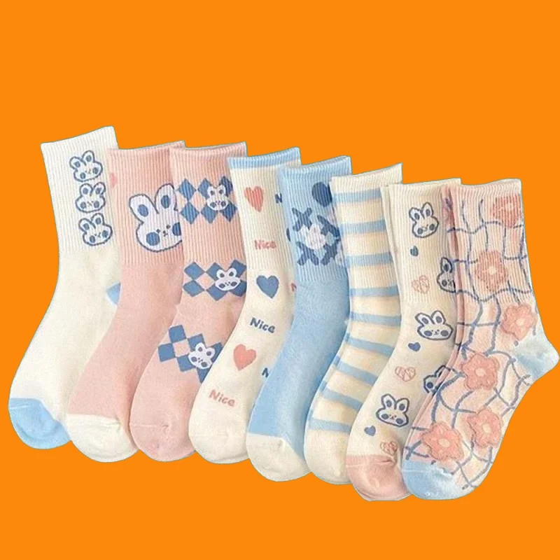 

8/16 Pairs Women's Student Cotton Socks Middle-tube Casual Socks Versatile High-value Forest Cute Women's Cartoon Rabbit Socks