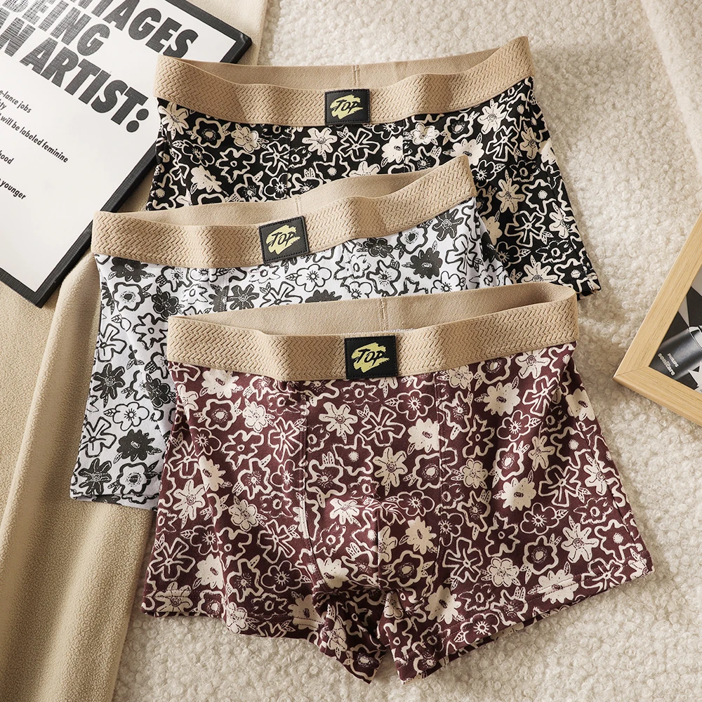

3PCS/Pack Cotton Classical Floral Underwear for Man Antibacterial Breathable Mesh Crotch Boxers Comfortable Soft Men's Panties