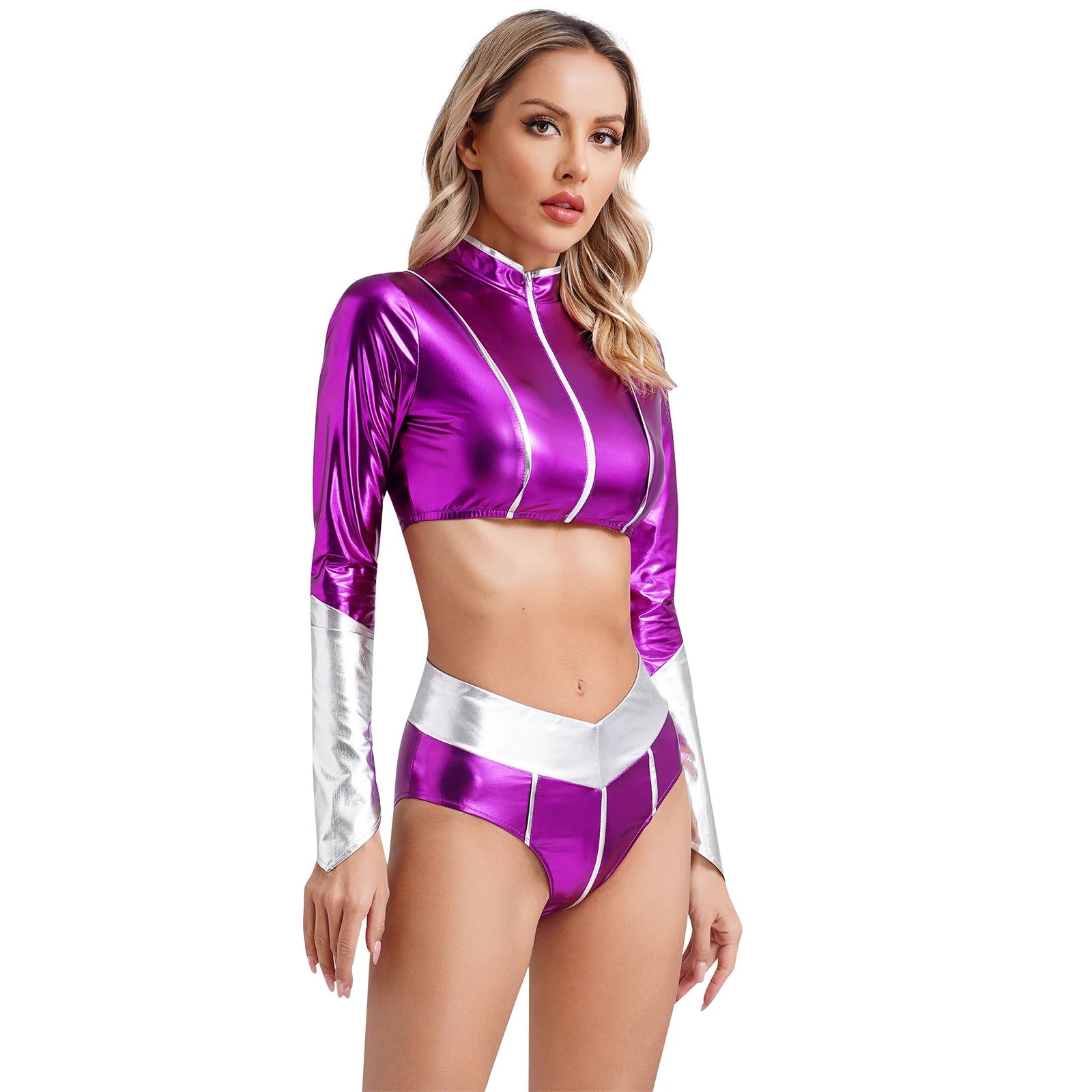 Womens Heroine Princess Cosplay Costumes Long Sleeve Front Zipper Crop Top with Briefs Racing Driver Role Play Party Clubwear