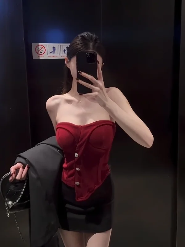 Top Sem Mangas Vermelho para Mulheres, Estilo Coreano, Ajuste Slim, Efeito Emaecido, Cor Pura