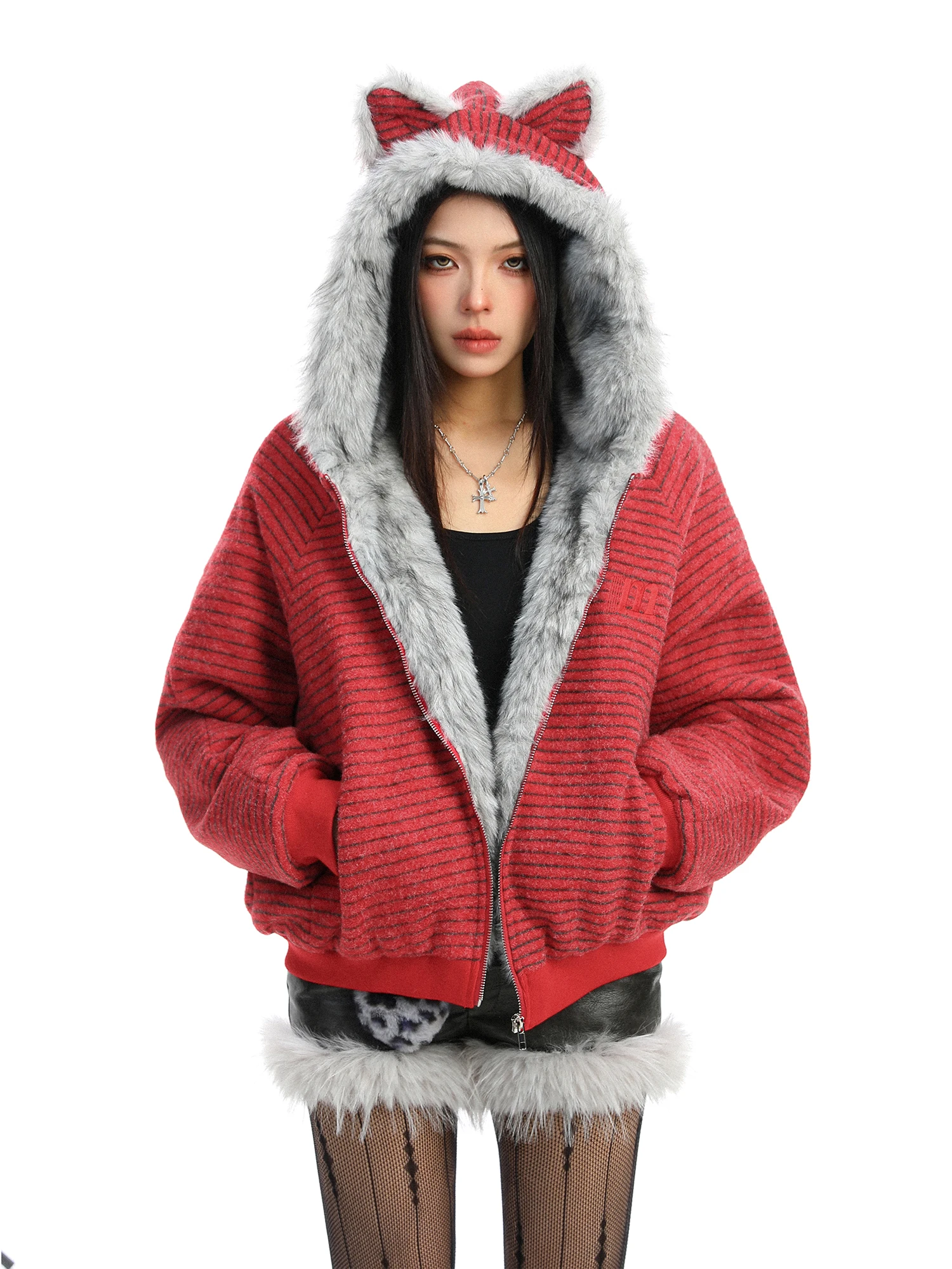 

Зимняя хлопковая куртка Thiened для женщин, красная в полоску, с капюшоном и ушками, теплая, уличная одежда, свободный крой, длинная, на молнии