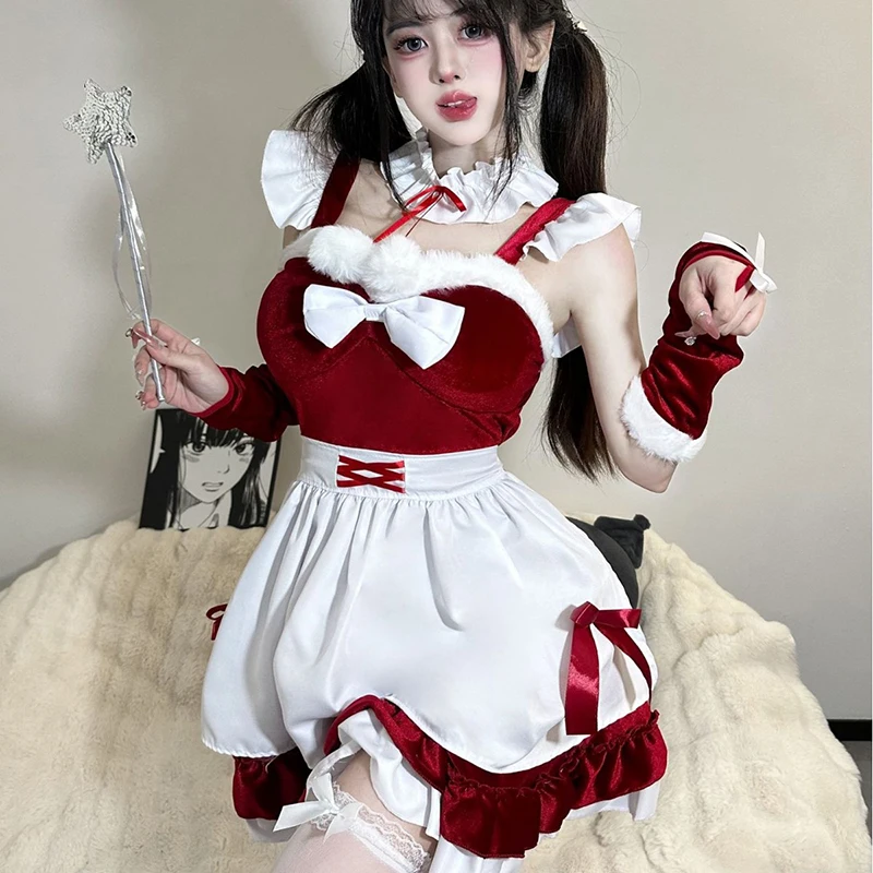 

Christmas Maid Dress Red Lolita Suit Cosplay New Year Winter Dress Halloween Maid Party Costume Xmas Lady Santa Claus Uniform