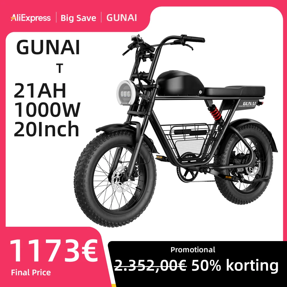 GUNAI-T 1000W Electric Bicycle 48V 21AH Battery Adults Electric Bike 20Inch Fat Tyre Mountain Motorcycle, 60KM/H 90KM Mileage