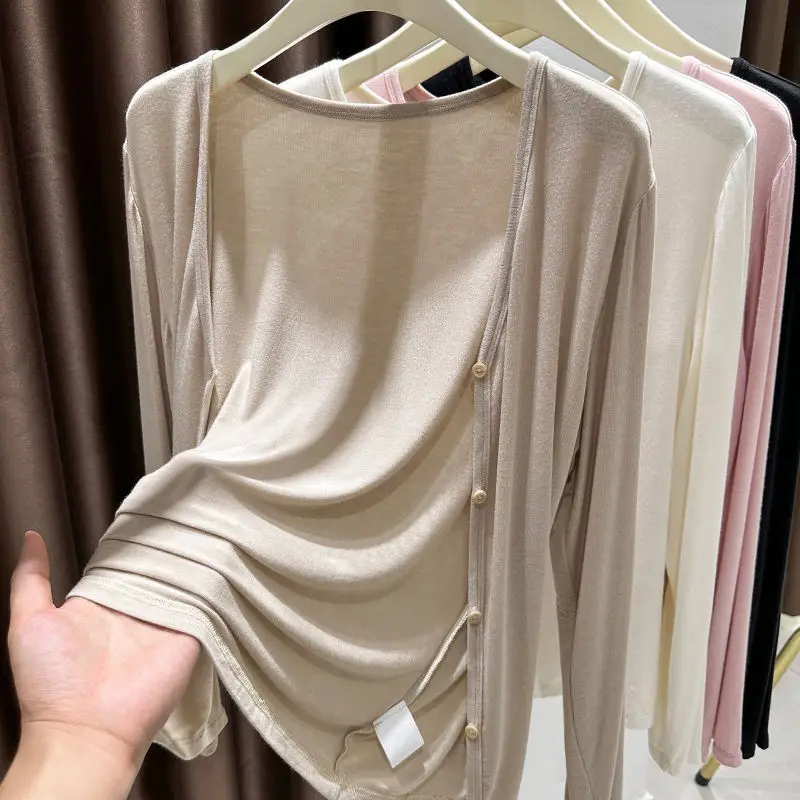 plus Size Modal Shoulder Wrap Sun Protection Clothing V-Neck Open Cardigan Thin Outerwear for Women Summer Skin Shirt Cover up