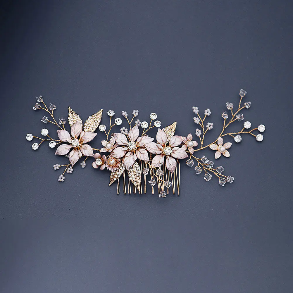 

1 шт. Золотистая расческа для волос с жемчугом в форме цветка, дизайн в виде ветви, ручная полировка, из высокопрочного сплава, для повседневного использования и фотосессий, элегантная