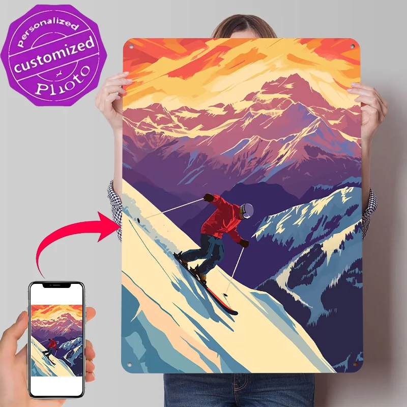 Skier on Mountain Slope Illustration Personalized 3D Textured Metal Poster Wall Art Vintage Tin Signs for Bathroom Decor Room