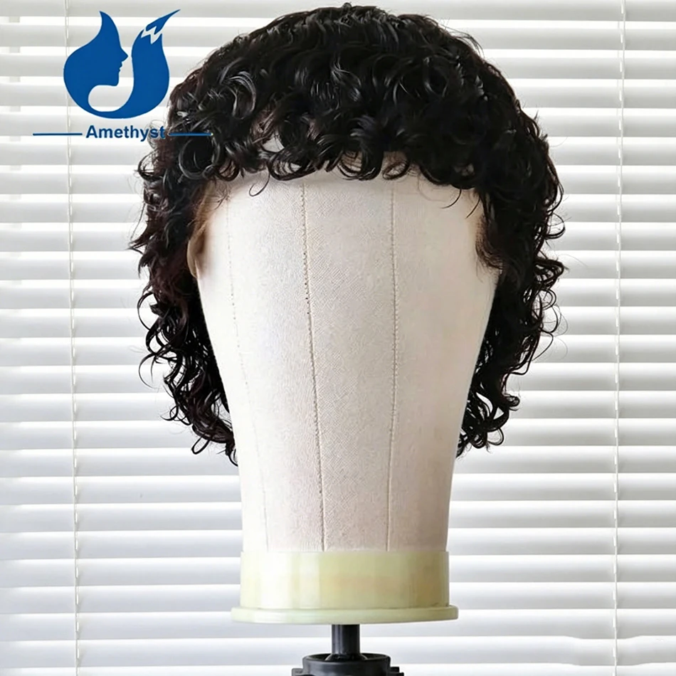 Amethyst Pre Styled Natural Black Wave Human Hair Wig Short Pixie Cut Full Transparent Lace Brazilian Remy Hair Curly for Men