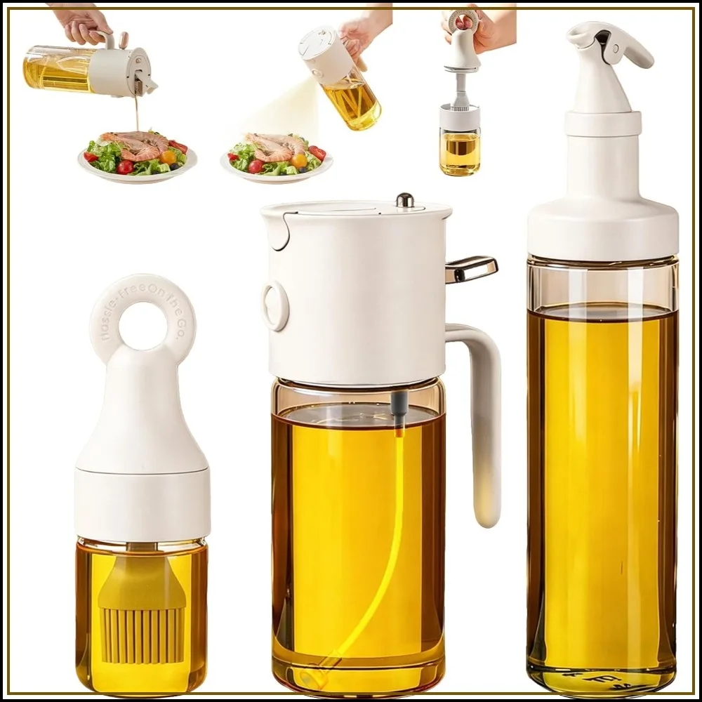 

580ml/19.6oz Olive Oil Sprayer Bottle, 3-in-1 Oil Dispenser with Spray & Pour, Includes Basting Brush & Spice Shaker for Kitchen, Air Fryer, BBQ, Salad
