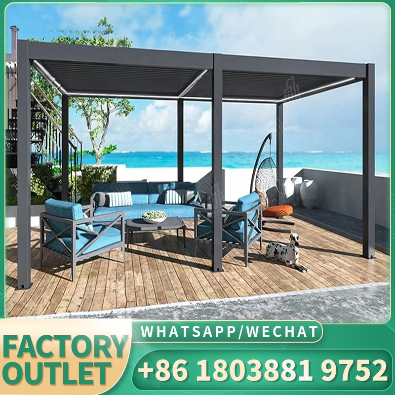 Outdoor garden automatic bioclimatica 2x3 motorized folding electric fully retractable louver roof aluminum pergola with led