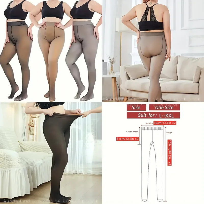 Plus Size Women Fleece Lined Tights Thick Warm Sheer Shaping Leggings Autumn Winter Soft Comfort Versatile for Inner & Outer Wear
