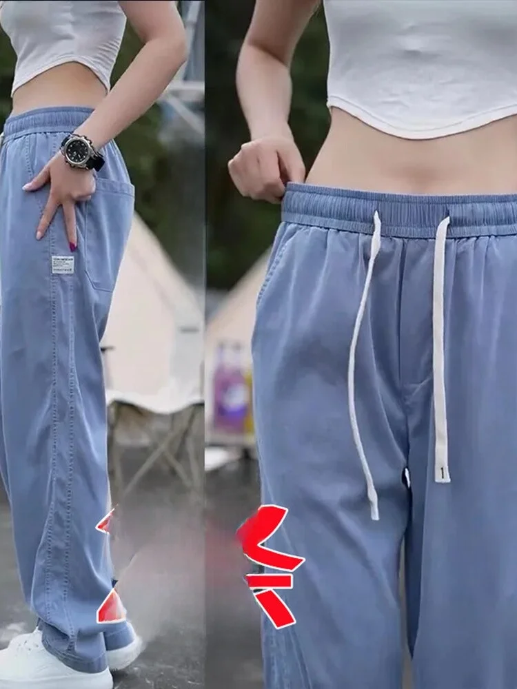 

Летние тонкие мужские джинсы свободного кроя с эластичным поясом, из ледяного шелка, длинные прямые брюки, повседневные, модные, брендовые, легкие, из денима