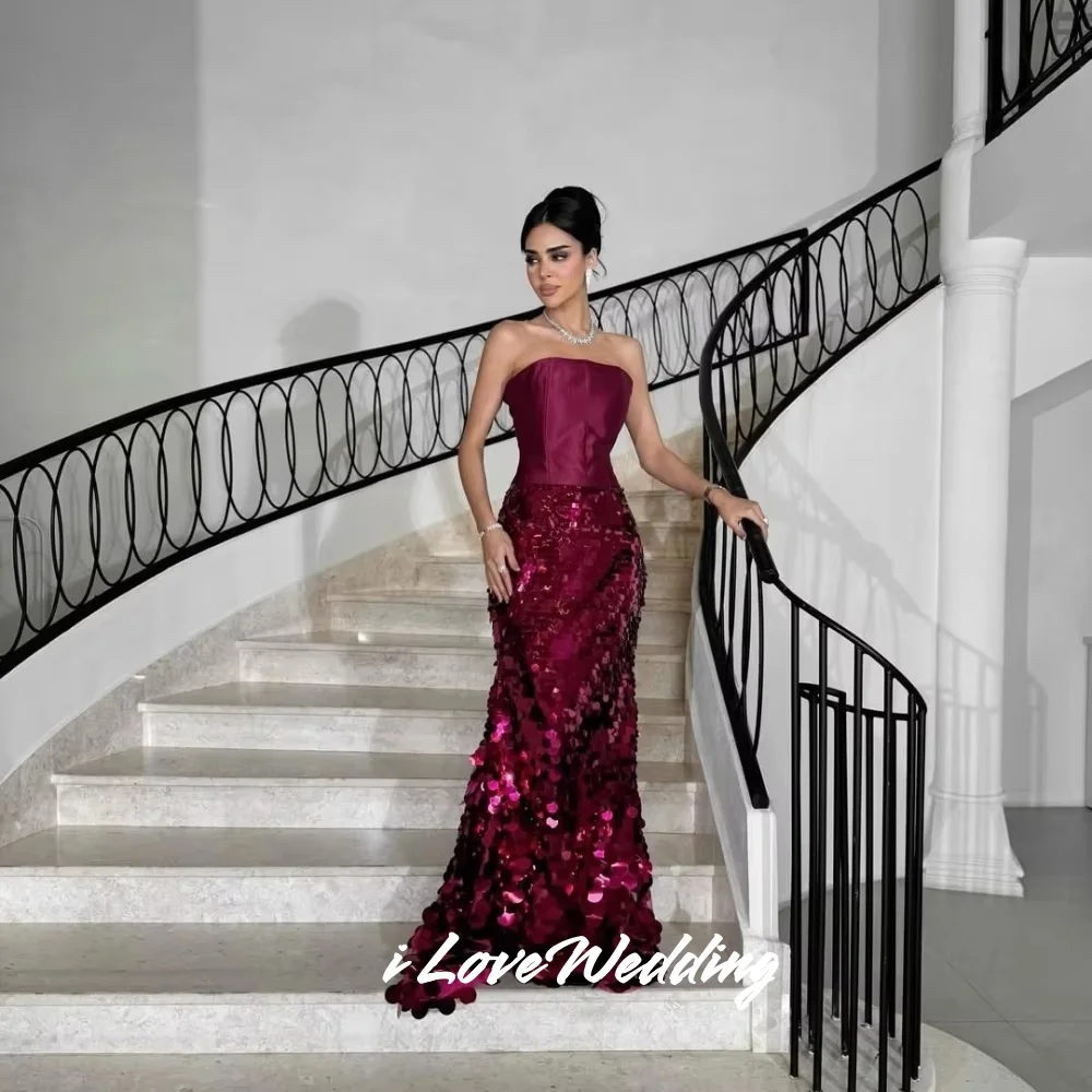 

Red Strapless Evening Dresses 2025 Sleeveless Sequin Mermaid Backless Floor-Length Pleated Wedding Party Dresses Customized