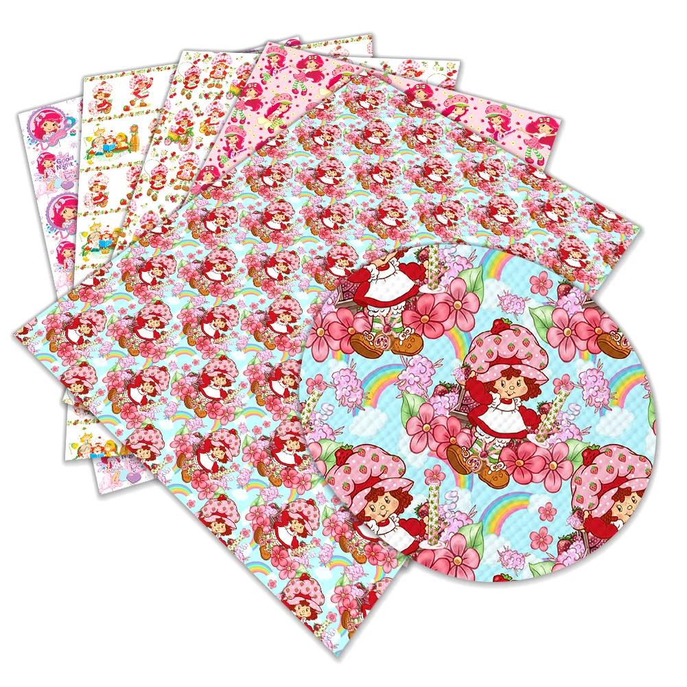 Strawberry Girl W Design Pattern PU Faux Leather Vinyl Fabric Hair Bow Wristband Badge Phone Case Wallet Handmade Gift