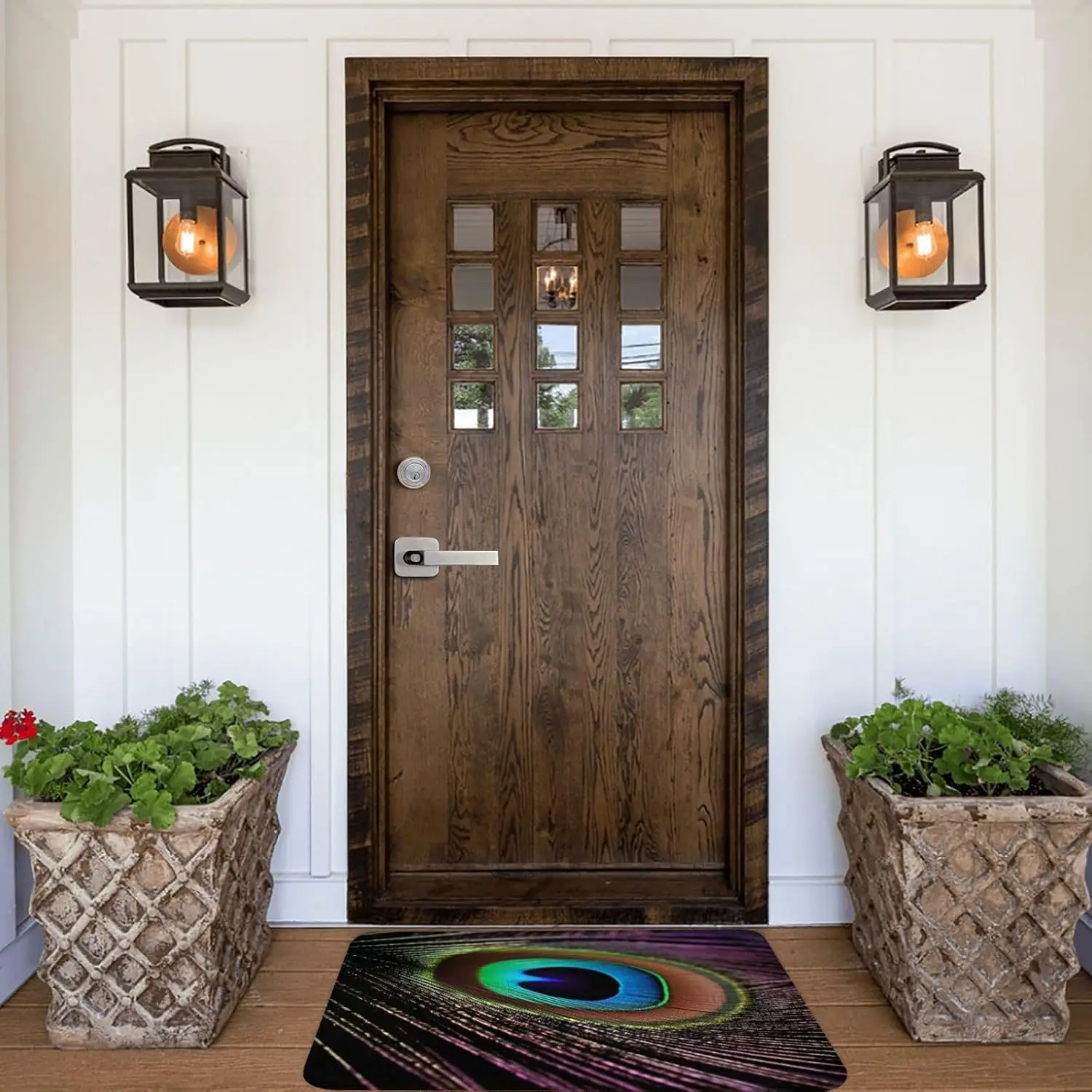Colorful Peacock Feather Eye Door Mat, Abstract Nature Pattern Floor Mat Vibrant Bird Print Entrance Rug Non-slip Washable Home